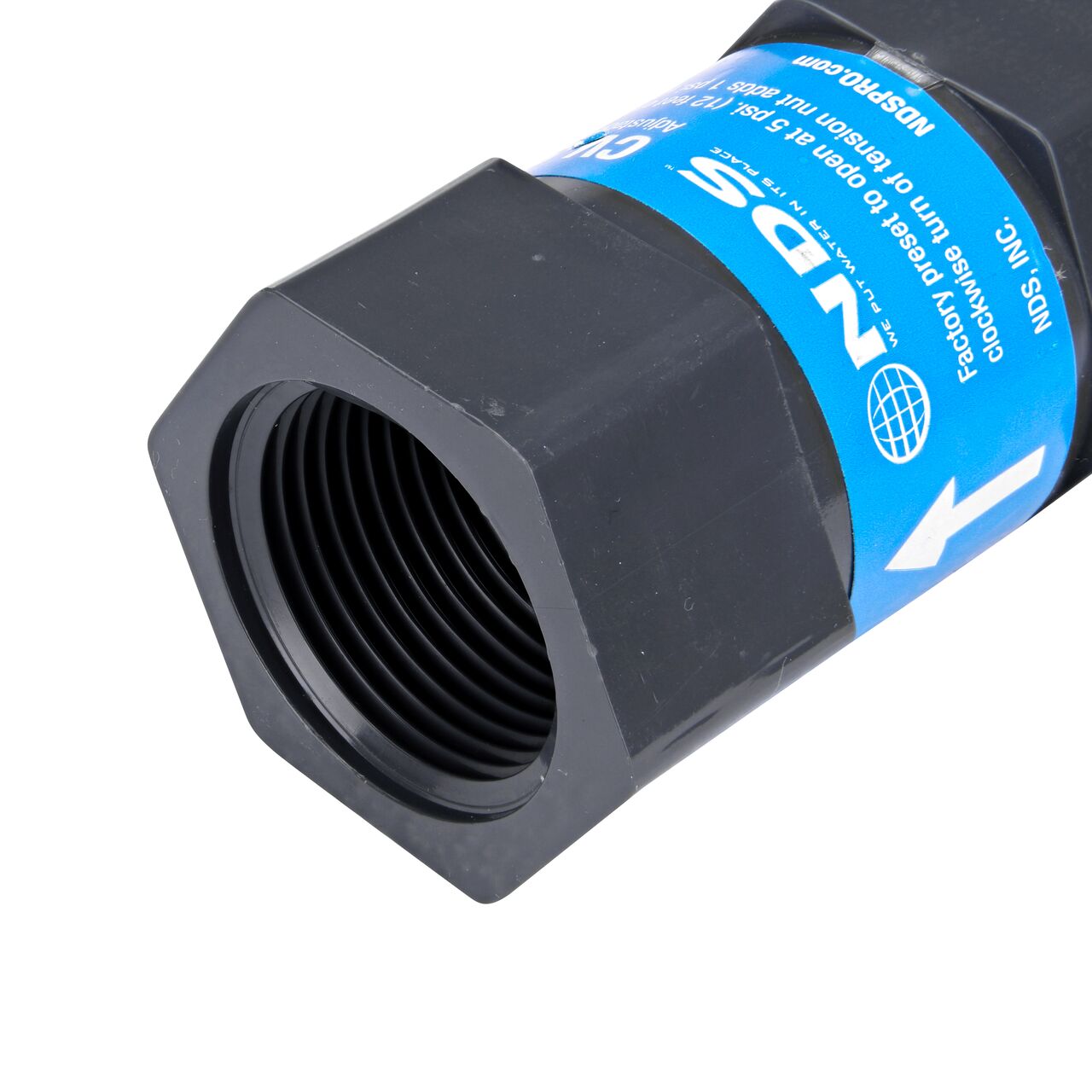 Closeup of the FPT end without needle point spring on the NDS Gray 1 in. IPS FPT X FPT PVC Adjustable Inline Spring Check Valve (NDS CV-1000-FF)