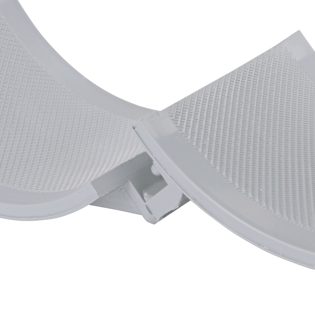 Closeup of the hinge open on the NDS Clamp-It™ Rigid PVC Saddle for 4 in. PE pipe with 3/4 in. FPT connection on top (NDS 344007P)