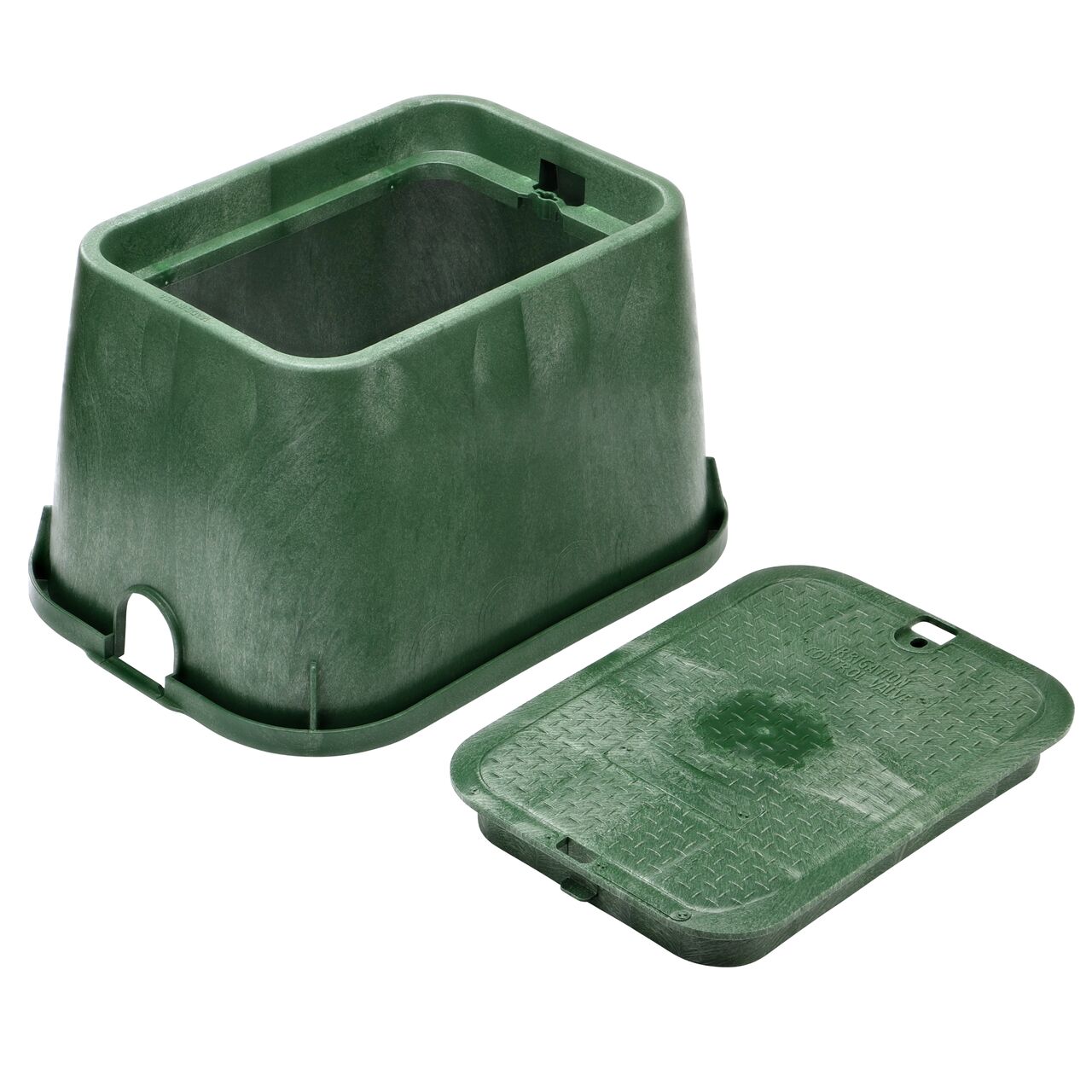 Unassembled View of NDS 14 in. X 19 in. Rectangular Valve Box and Cover comes with a green box and green ICV Cover (NDS 114BC)
