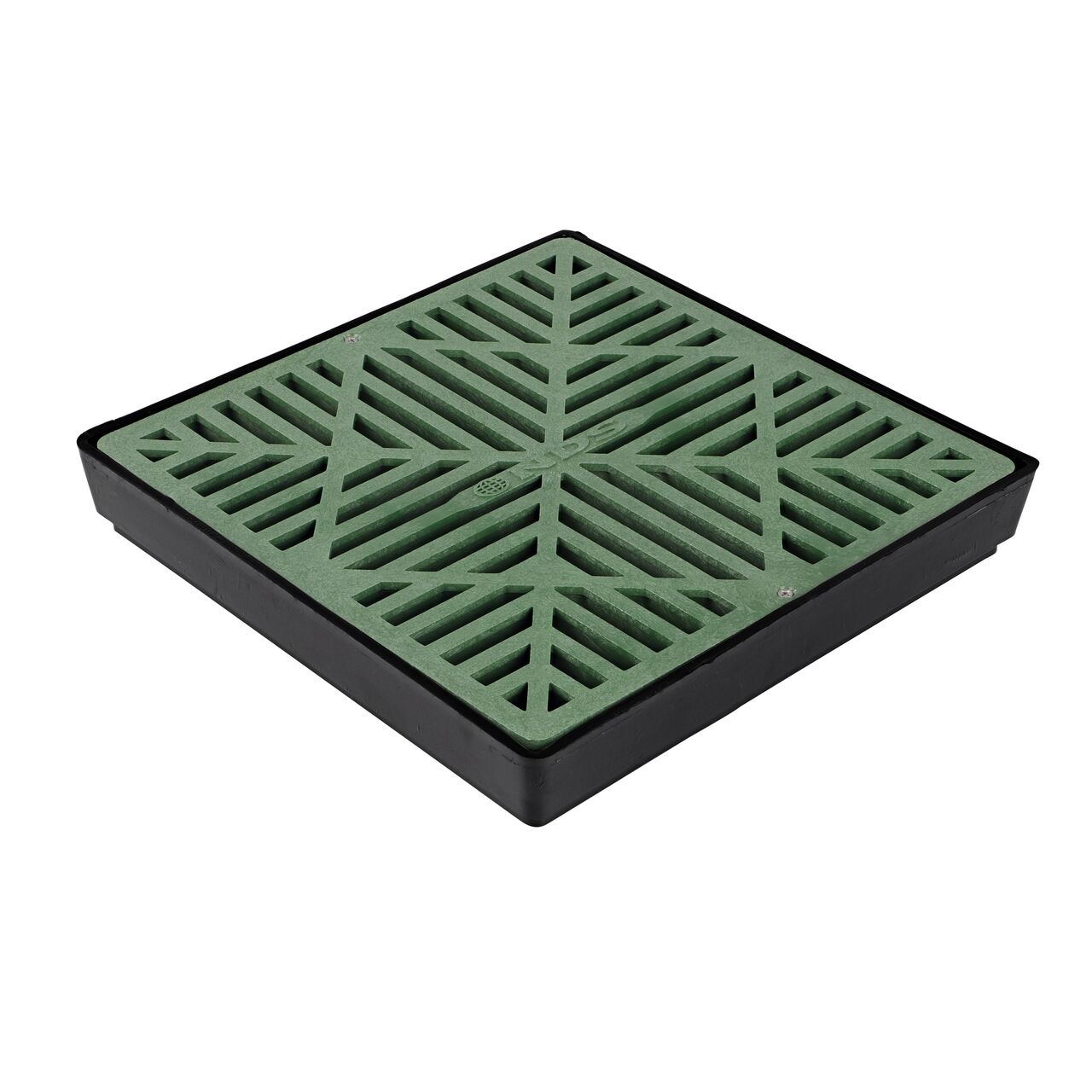 12 in. Square Low-Profile Adapter, Fits 3 in. to 8 in. Drain Pipes with Outlet Adapter (sold separately) (NDS 1230*, NDS 1230) with a 12 in. Square Catch Basin Drain Grate, Green Plastic (NDS 1212*) installed; retail