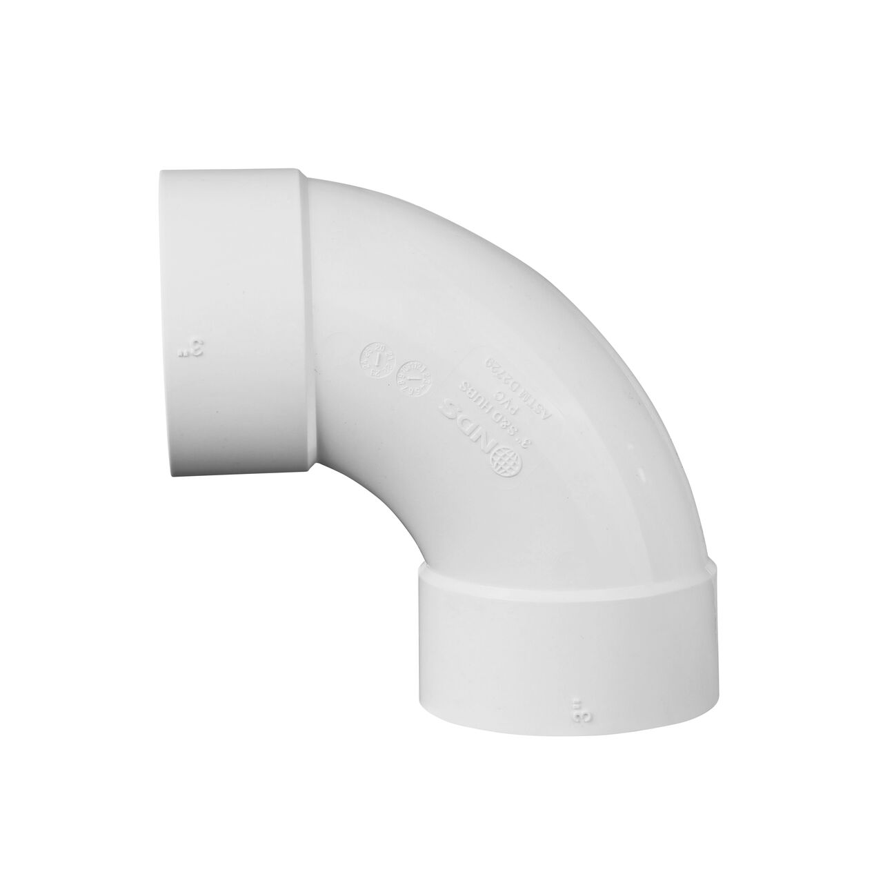 Side view with NDS 3 in. PVC 90° long-turn street elbow with a Hub and Hub connection for sewer and drain pipes standing up(NDS 31P0)