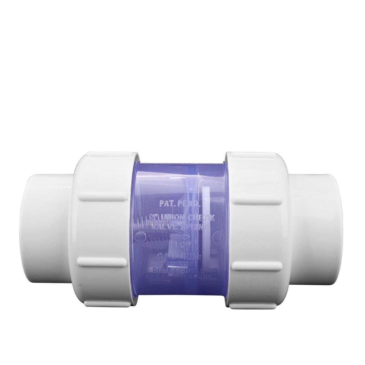 Side view of the NDS Clear 2 in. IPS slip by slip PVC Compact True Union Spring Check Valve (NDS 1790C20)