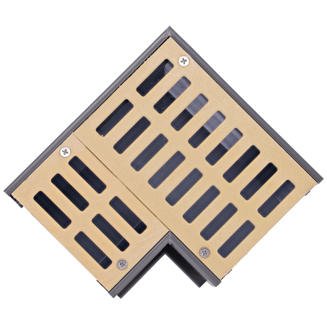 Top down view of the NDS Mini Channel™ 90 degree drain with sand colored grate (NDS 5383)