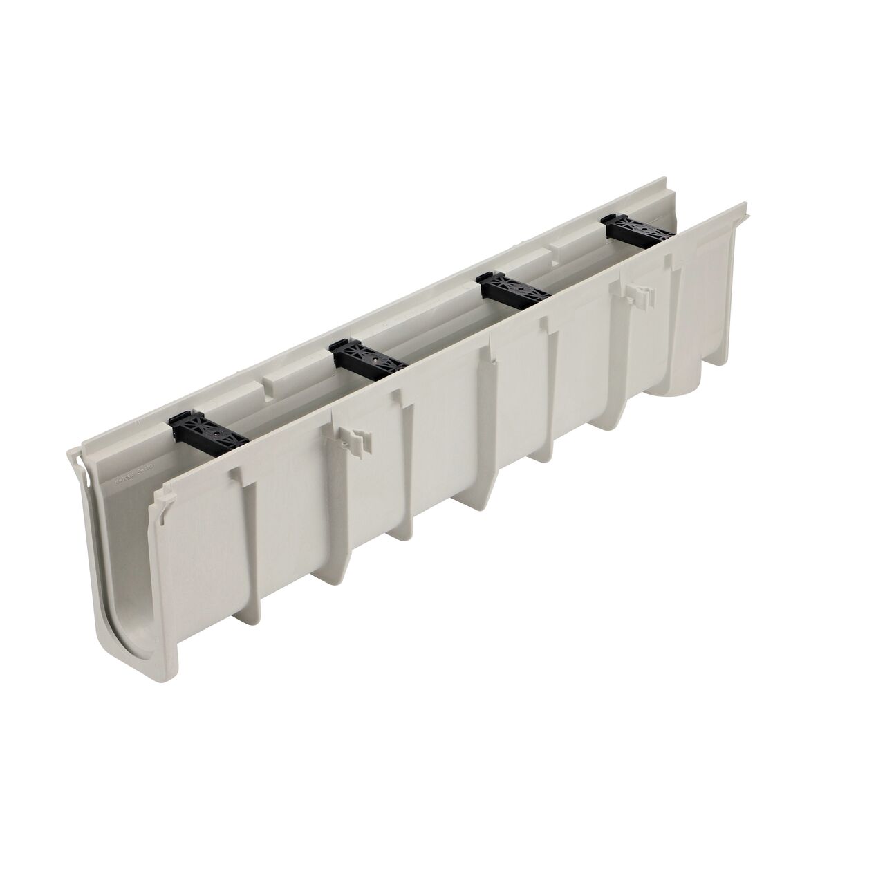 Dura Slope Channel Drain is 10.38 in. to 10.71 in. Deep, with groove joints facing camera (NDS DS-110)