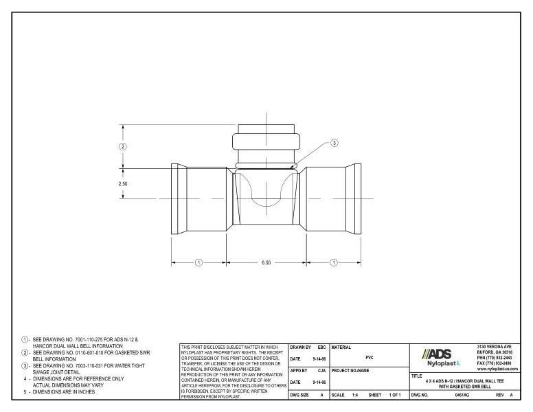 4 x 4 N-12 Dual Wall Tee with Gasketed SWR Bell Nyloplast Detail