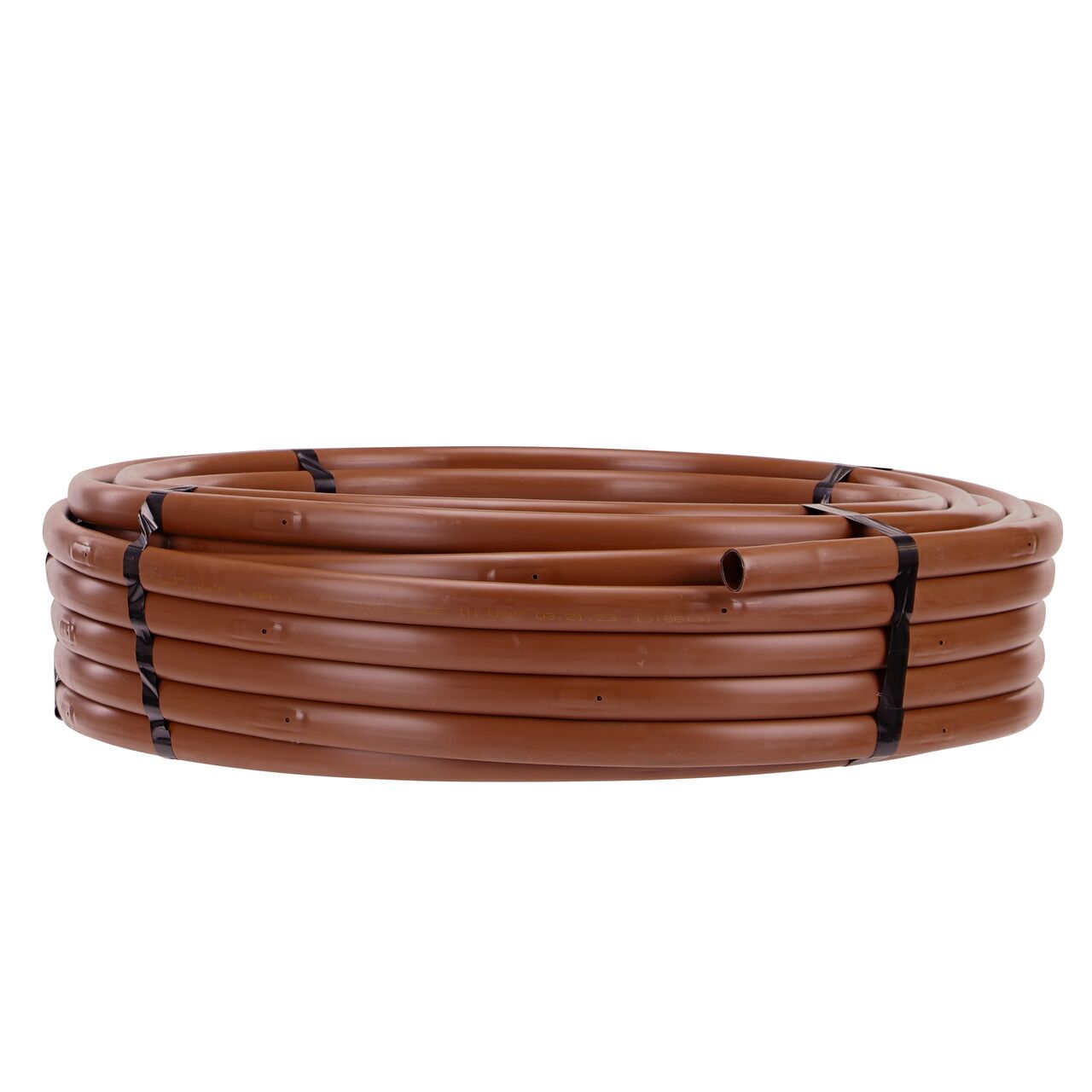 Top down view of the 100 foot brown NDS 16mm Dura Flo™ Dripline with 1.0 GPH Pressure Compensating Emitters spaced 12 in. apart shown coiled and secured with tape