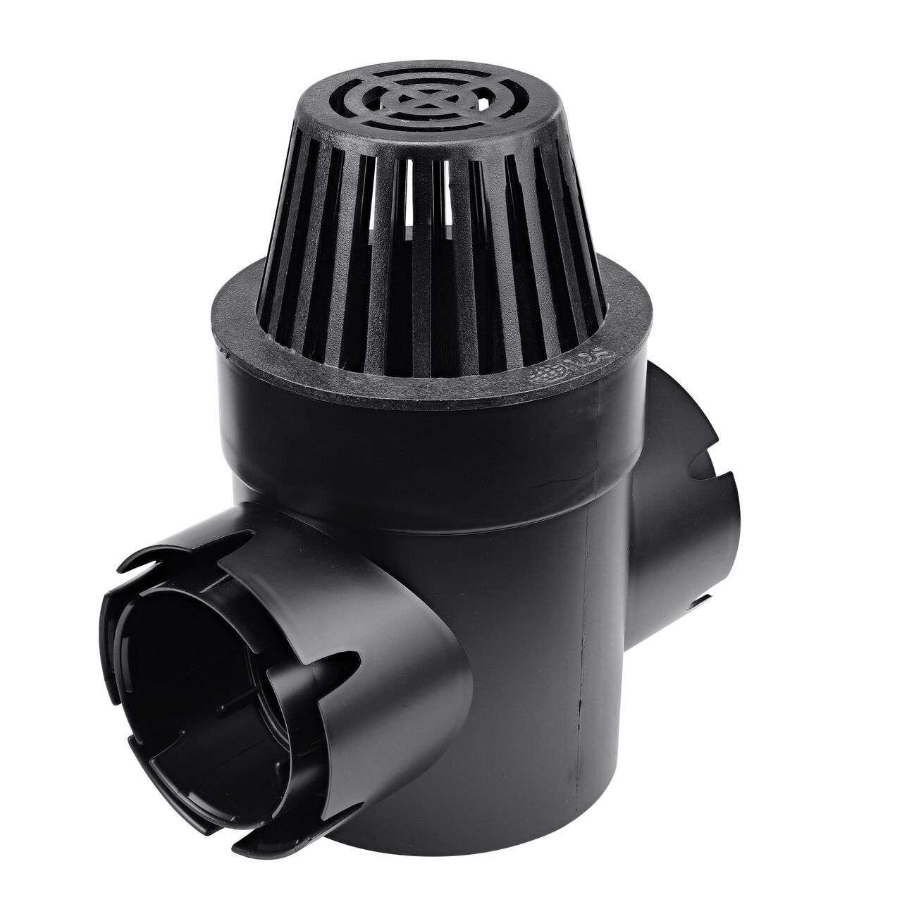 NDS Black Plastic 6 in. Atrum Grate (NDS 90) installed to a double outlet Spee-D Basin (NDS 201RTL)