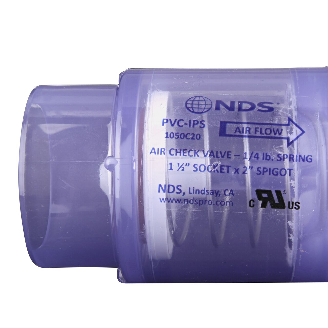 Closeup of the arrow showing water flow on the NDS Clear 1-1/2 in. slip end by 2 in. spigot end PVC Air Check Valve (NDS 1050C20)