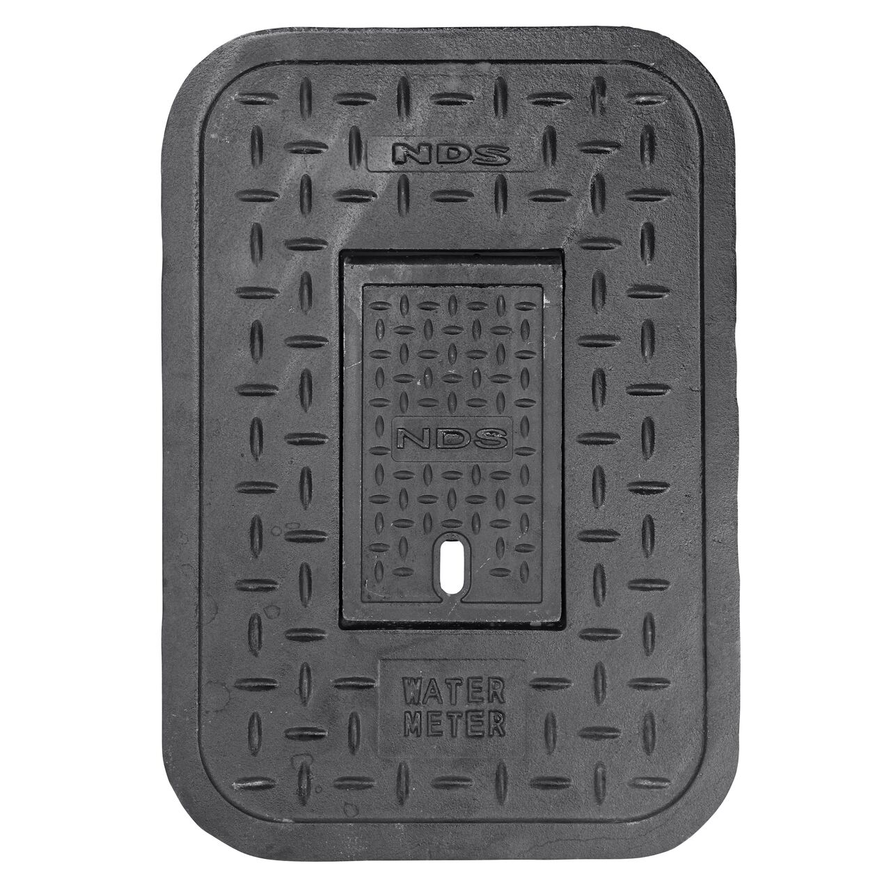 Top down view of the top side of the Cast Iron Black Water Meter cover for the NDS 14 in. X 19 in. Rectangular Standard Series Meter Box (NDS D1200-CICIR) showing the Black Water Meter markings and Cast Iron reader door
