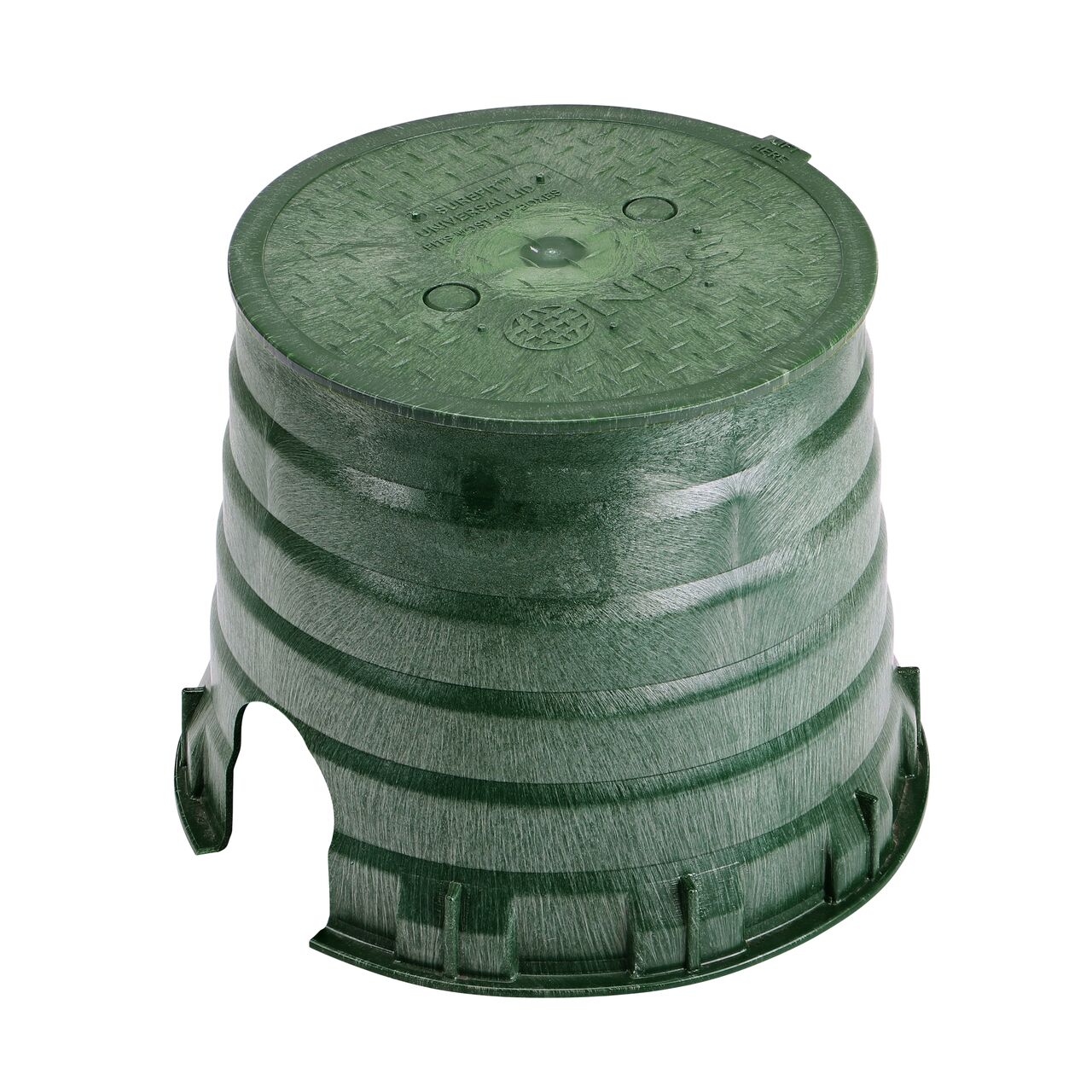 View of entire 10 in. Round SureFit Universal Valve Box Lid (NDS 10RND-UC) installed on the green 10 in. Carson Valve Box