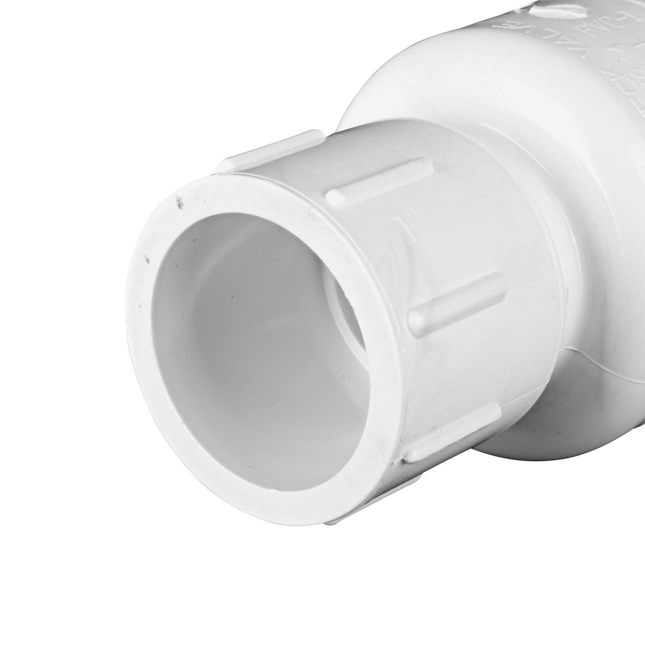 Closeup of the non-sloped end of the slip NDS White 1 in. slip end by slip end PVC Spring Check Valve (NDS 1011-10, NDS 1012-10)