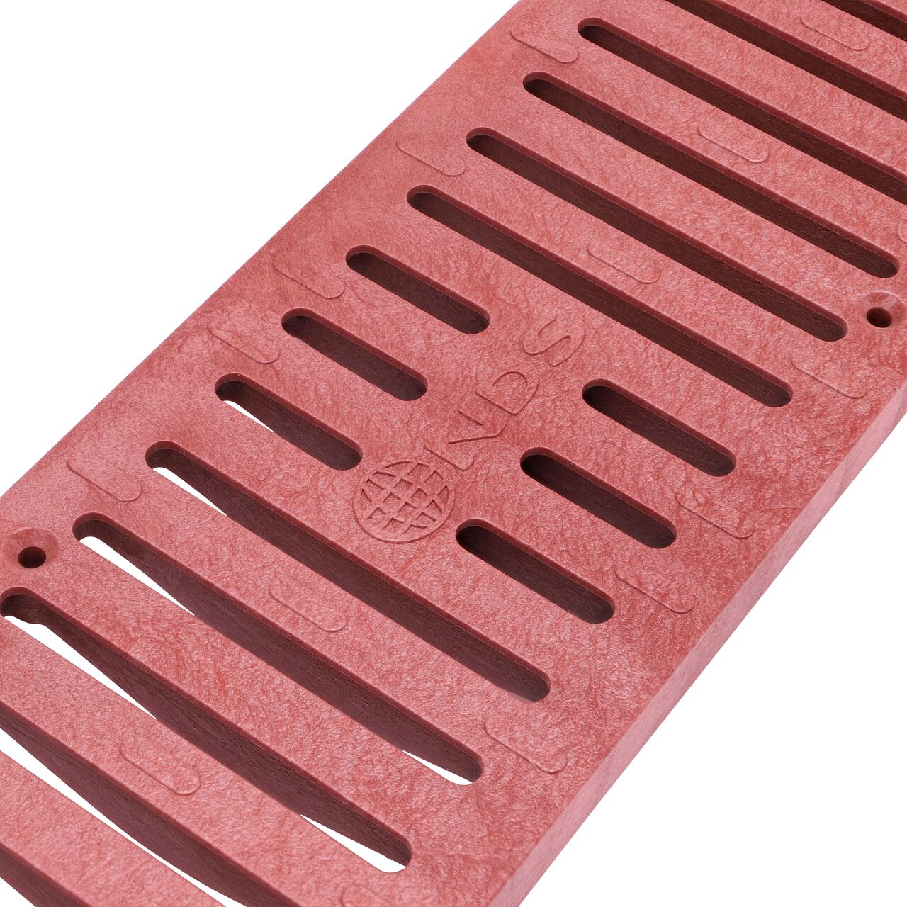 Angled Closeup View of the NDS Spee-D® Channel Drain Grate in Brick Red Plastic fits Spee-D Channel Drain (NDS 251)