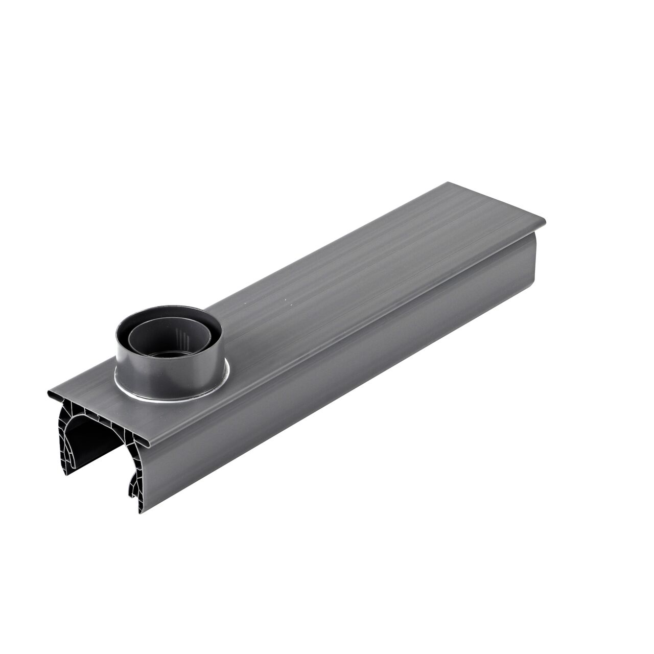 Bottom view of the NDS Spee-D® Channel Drain with Bottom Outlet (NDS 234) which collects and conveys stormwater away for proper release downstream