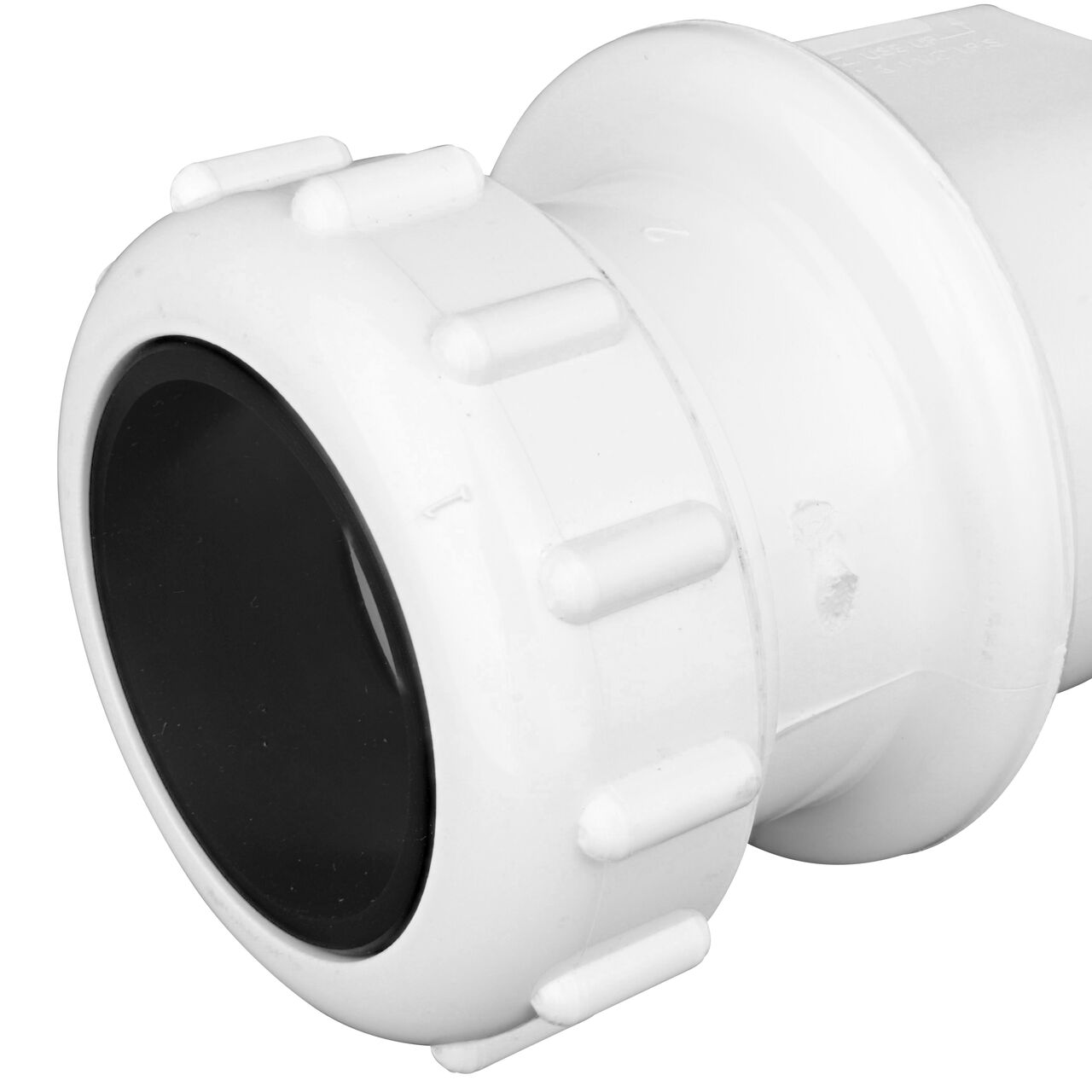 Closeup of the 1-1/4 in. inlet end of the PVC Sump Pump Swing Check Valve (NDS 1400-15)