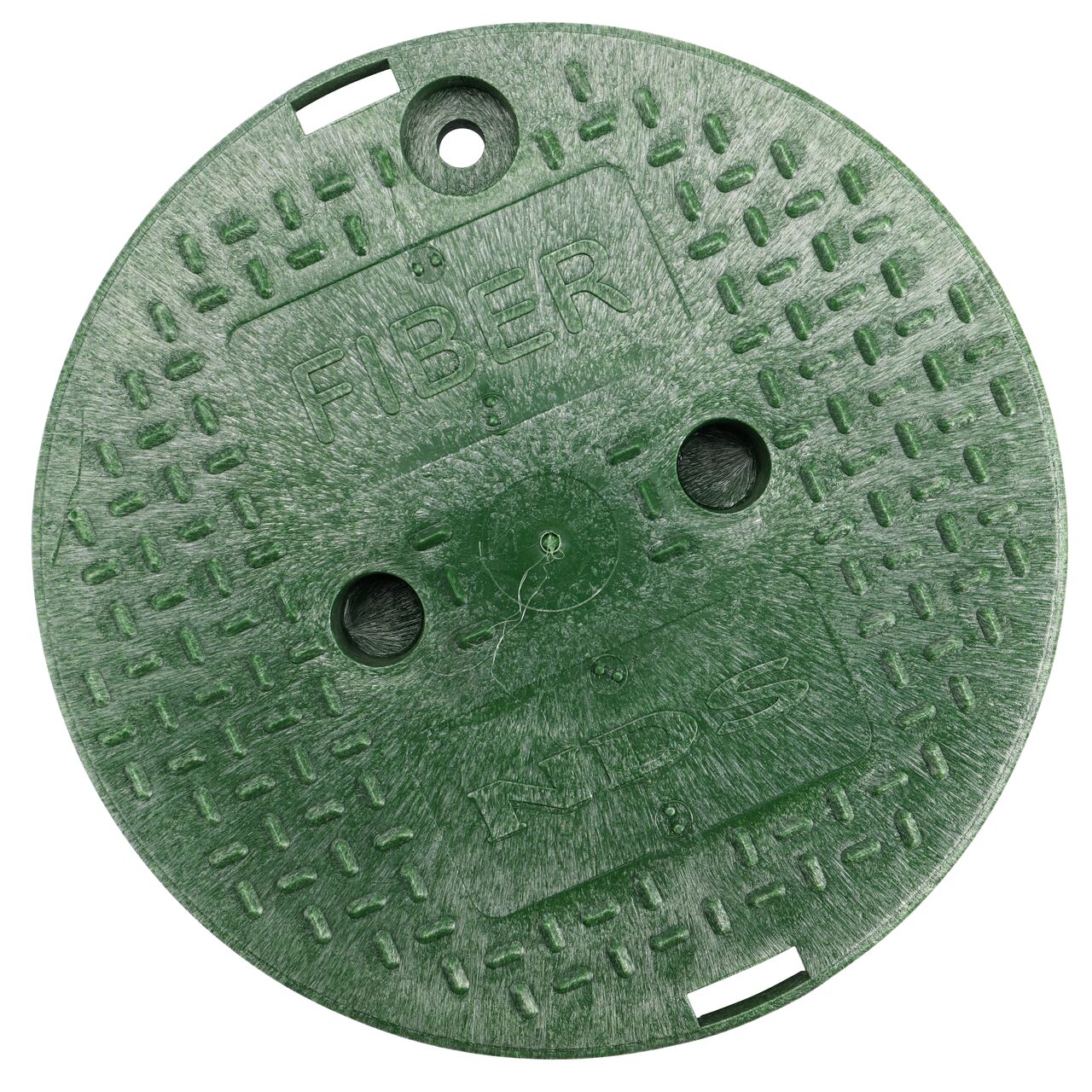 Top down view of the top side of the green fiber cover with finger indentations to lift and remove lid (NDS 111CF) for the NDS 10 in. Round Standard Series