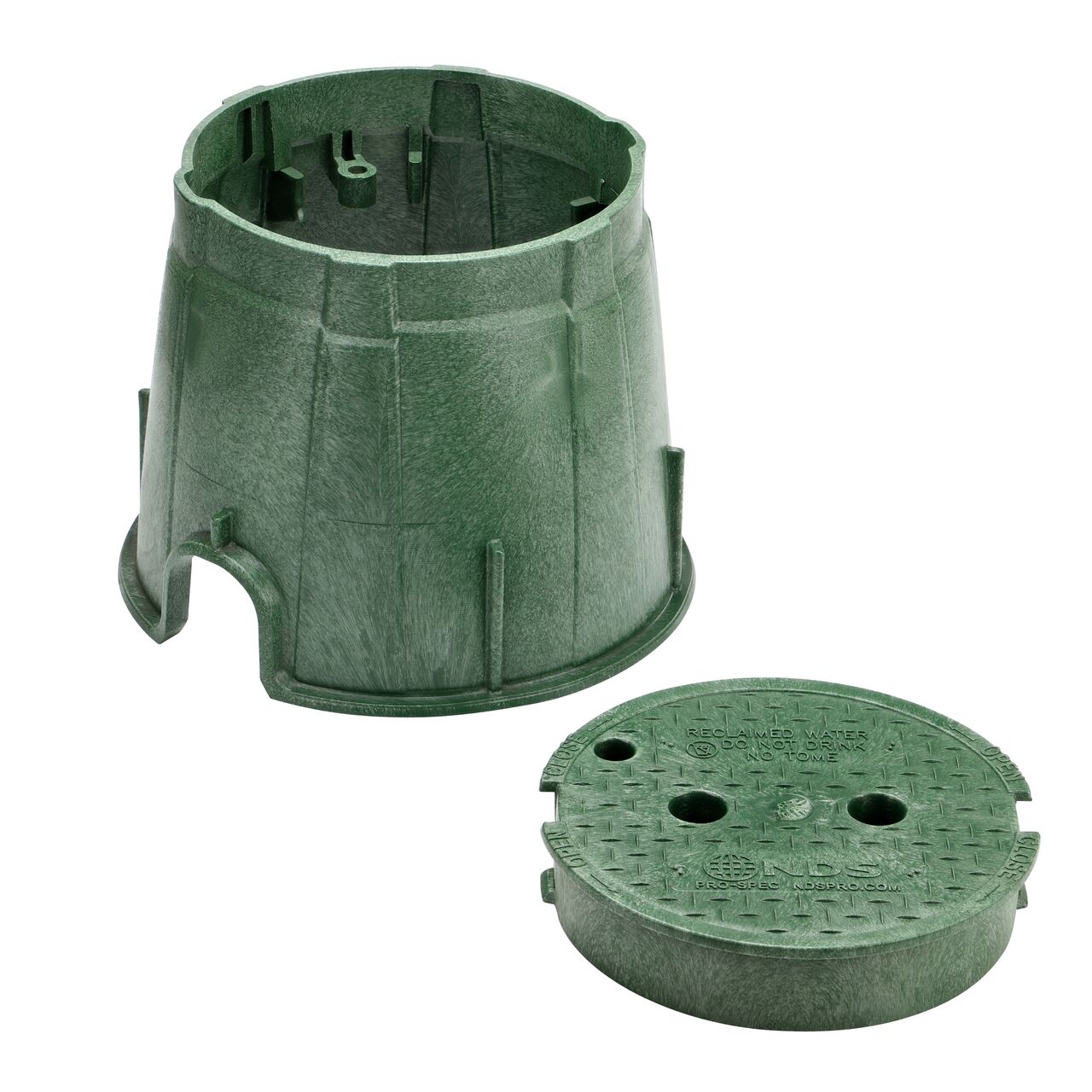 Unassembled View of the NDS 10 in. Round Pro-Spec® Series Green Box and Green Reclaimed Water Cover (NDS 312BCRG) showing the overlapping cover with a bayonet twist-lock lid featuring two finger slots, making it easy to remove or secure onto the box