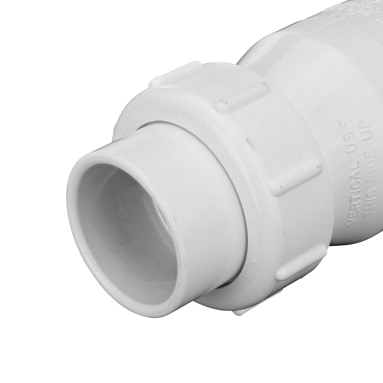 Closeup of the flapper that prevents water from flowing the wrong way in the NDS Clear 1-1/2 in. IPS U X U PVC True Union Swing Check Valve (NDS 1720-15)