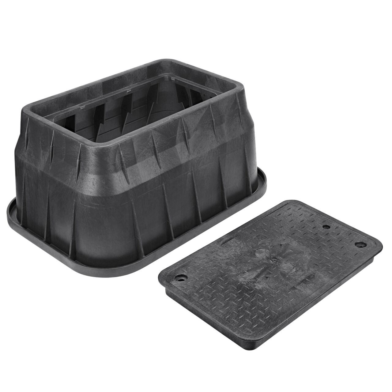 Unassembled View of the NDS 13 in. x 24 in. Black Rectangular Pro-Spec® Series valve box, bolt, and Black Irrigation Control Valve overlapping cover (NDS 325BCBBLK)