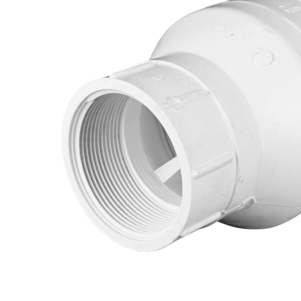 Closeup of the threaded end of the NDS 3 in. White PVC Spring Check Valve (NDS 1001-30)