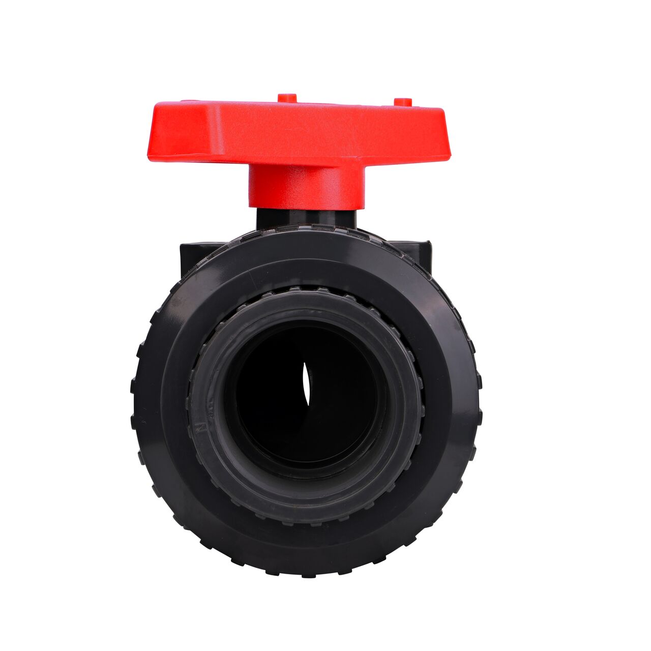 The The 2 in. PVC Slip & Threaded True Union Ball Valve (NDS BTU-2000-E) shown with the connection end attached with the handle in the half-way closed position to show how ball valve provides a shut off point in the system