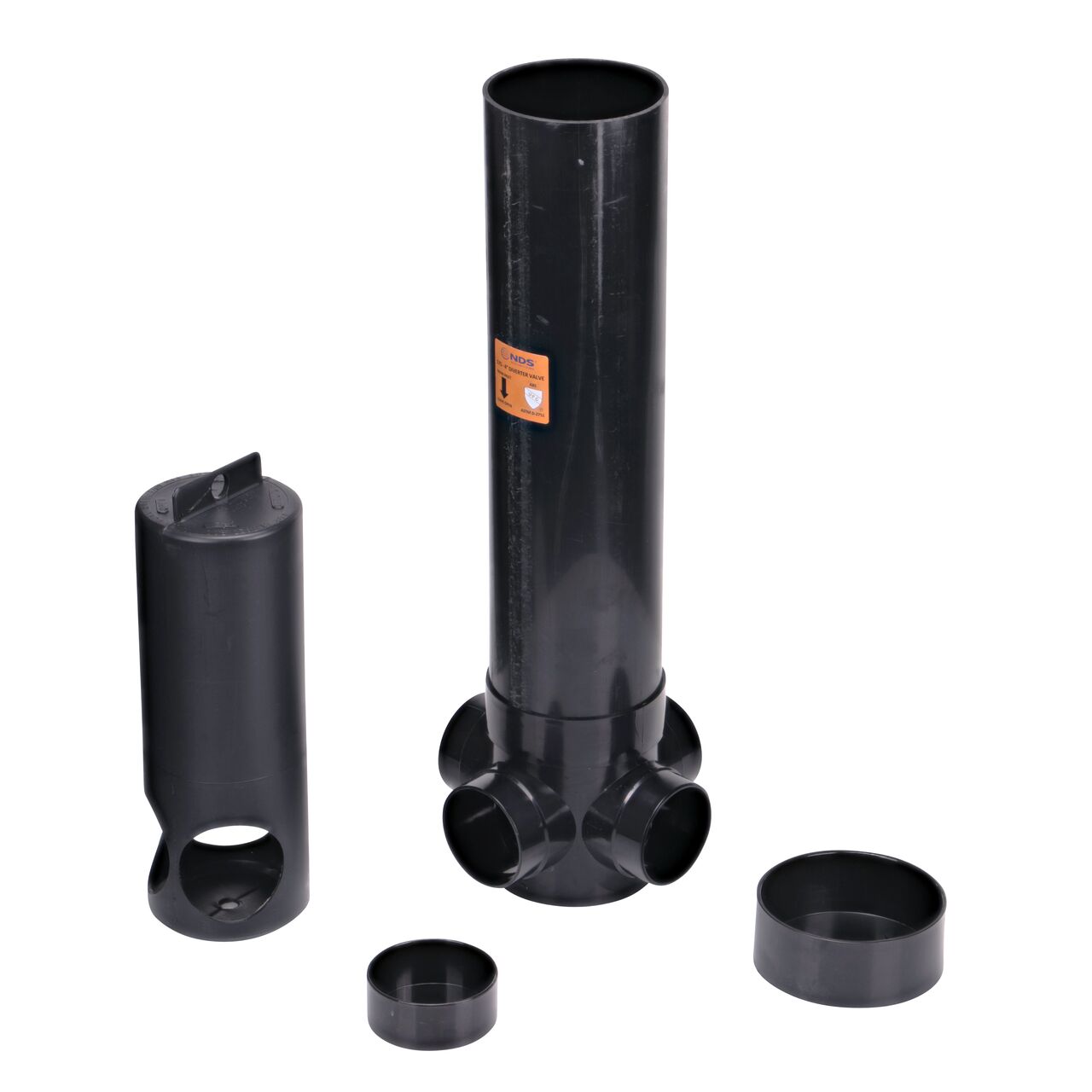 Diverter shield houses diverter stem and unwanted outlets can be sealed with caps on the NDS 4 in. ABS Diverter Valve in black (NDS 575)