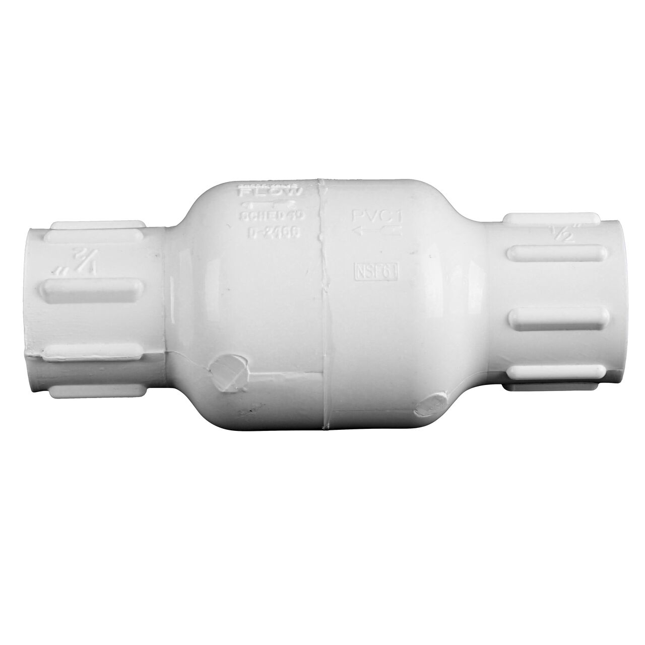 Side to side view of the NDS White 1/2 in. IPS FPT X FPT PVC Adjustable Spring Check Valve with 2-5 lb. Spring (NDS 1205-05)