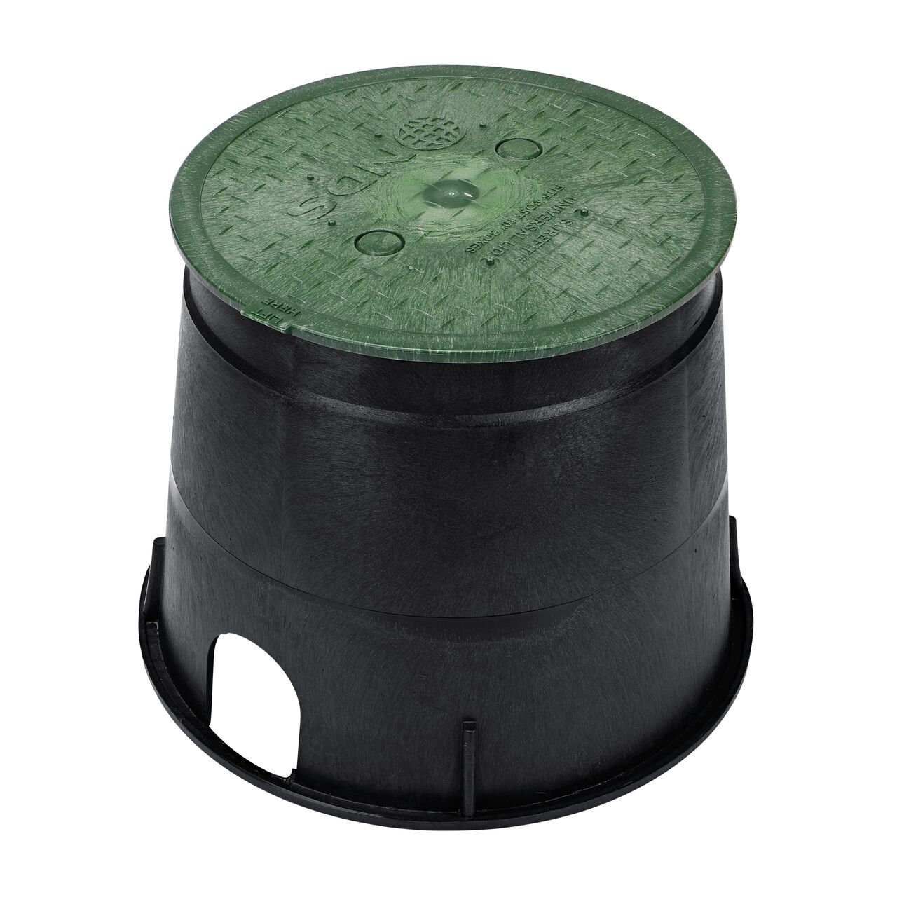 Alternate view of the 10 in. Round SureFit Universal Valve Box Lid (NDS 10RND-UC) installed on the NDS Standard Series 10 in. Valve Box (NDS 111B) with the lift tab in front to show how to easily lift the lid from the box