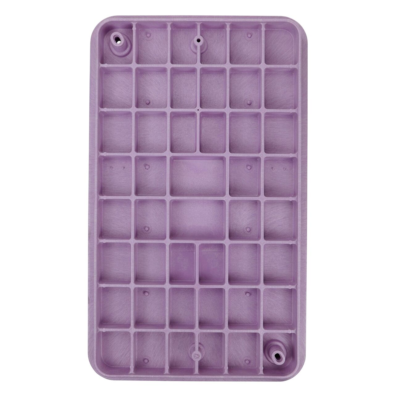 Top down view of the underside of the Purple Reclaimed Water cover (NDS 323CR) for the NDS 17 in. X 30 in. Rectangular Pro-Spec® Series valve box showing reinforcing ribs that help support pedestrian and lawn care equipment
