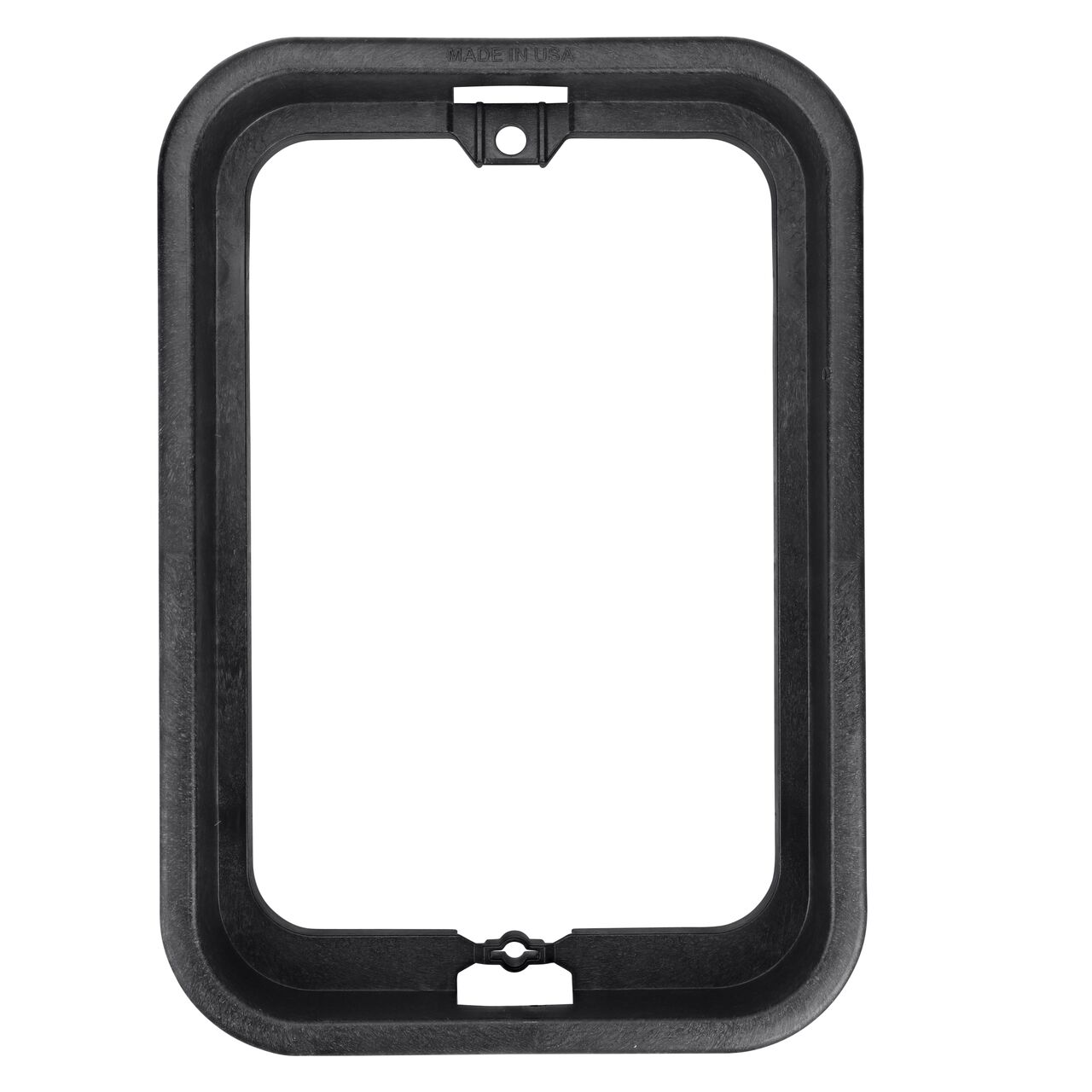 Top down view of the inside of the durable 14 x 19 in. Square Black Box (NDS 113B) unassembled showing bolt hole, and twist and lock feature to secure the valve cover to the valve box