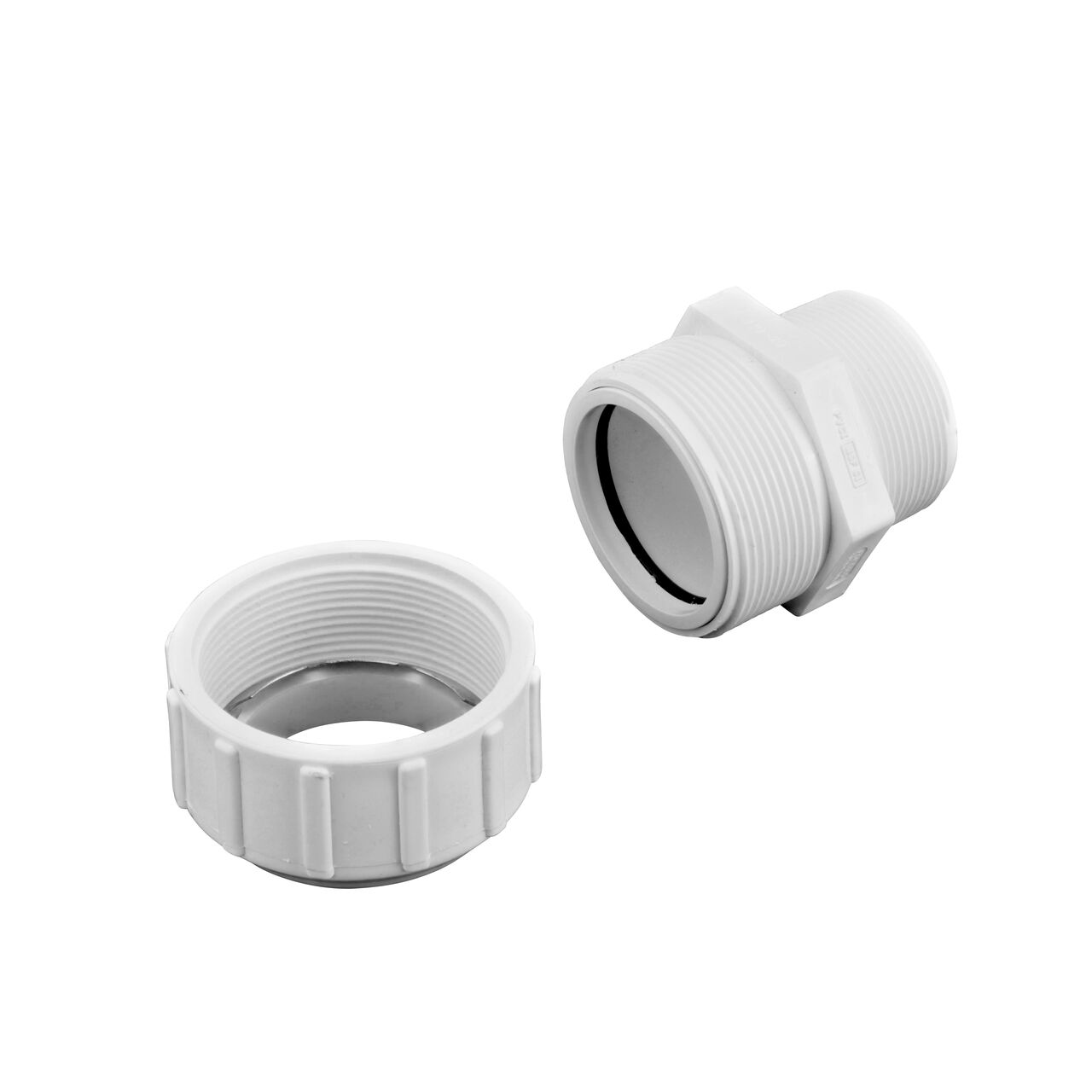 Unassembled NDS 2 in. SDR-9 X 2 in. MPT Flo-Lock™ Gripper Adapter showing where the two ends come apart to secure the adapter to the pipe (NDS 730-20)