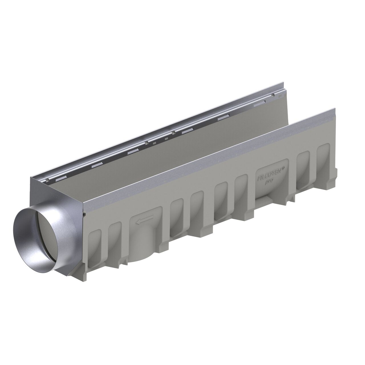 The galvanized steel BG-FILCOTEN® by NDS® 200 Trench Drain End Outlet (NDS 19020216) installed on the male interlocking end of the 8 in. BG-FILCOTEN® pro V 200 Trench Drain with Galvanized Steel Rails