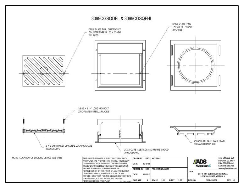 2' x 2' Curb Inlet Diagonal Locking Grate Assembly Nyloplast Detail