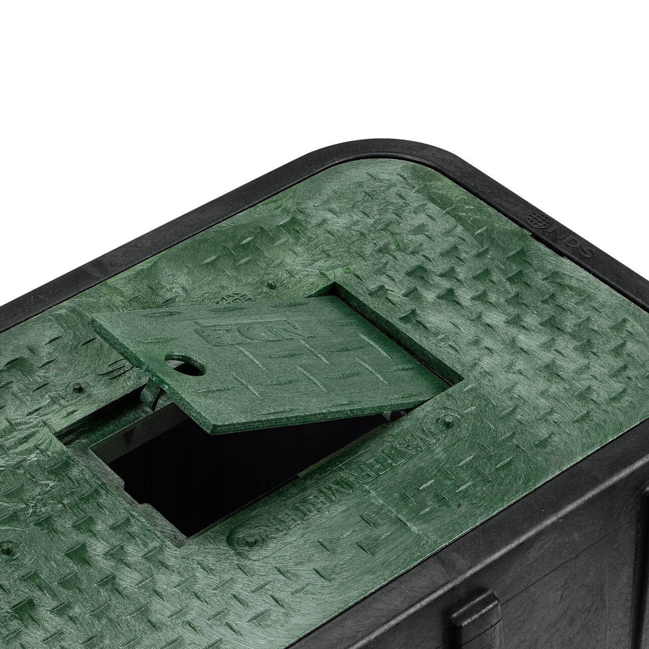 Closeup view of the Plastic reader door partially lifted on the NDS 14 in. X 19 in. Rectangular Standard Series Meter Box & Water Meter Cover (NDS D1200-DIRG)