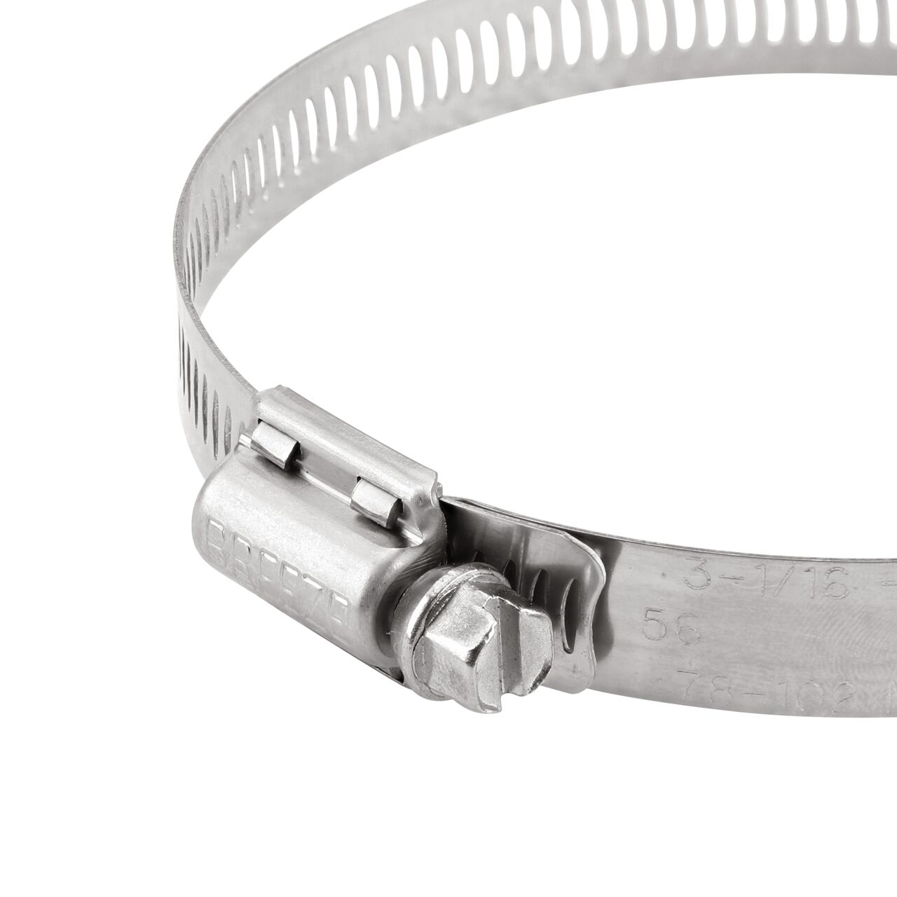 Closeup view of the NDS SAE 56 Worm Drive Hose Clamp with Aero Seal 1/2 in. band width (NDS 64056H) with a 5/16 in. 410 Stainless Steel hex screw; tighten to 30-45 in. lbs. torque to close