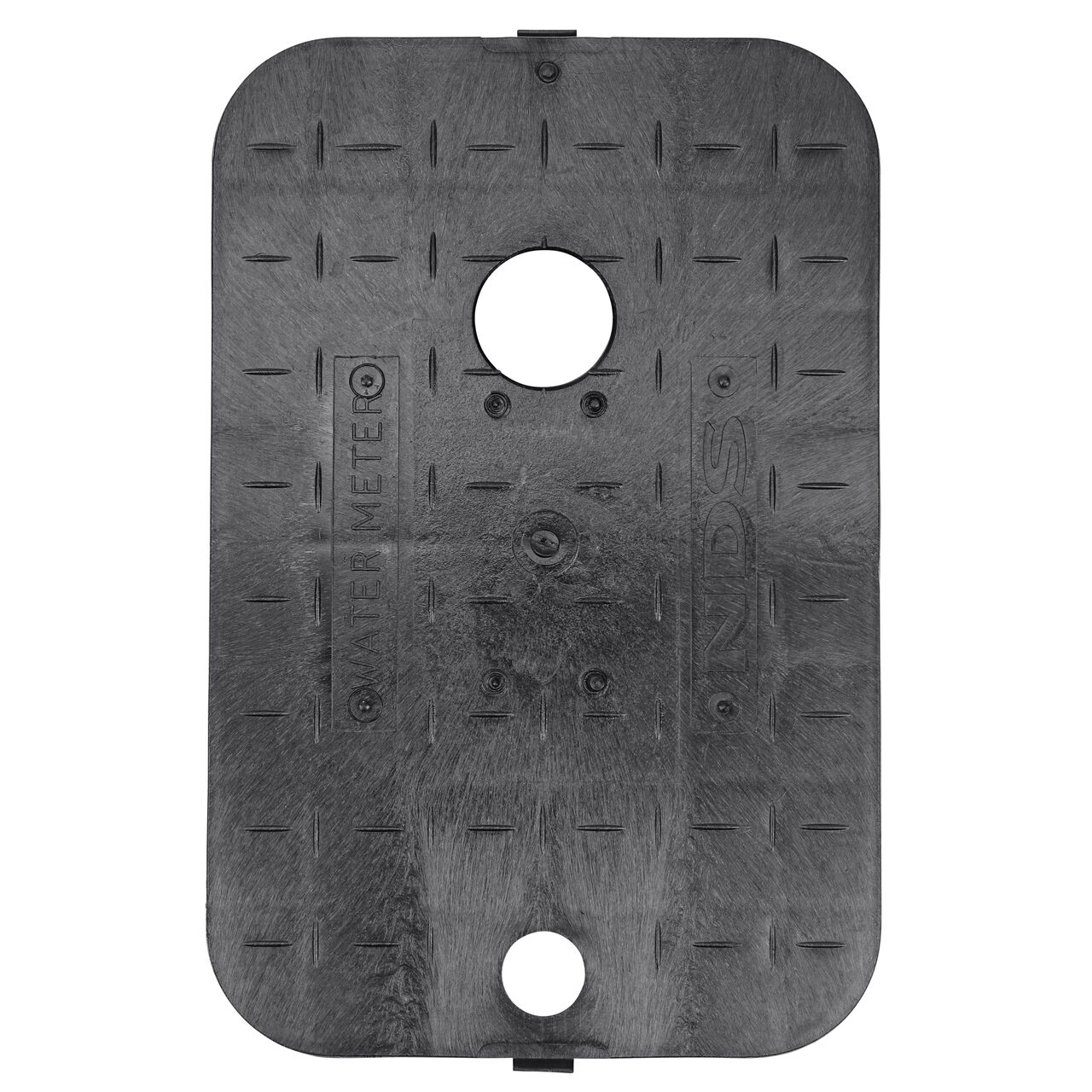 Top down view of the top side of the Black Water Meter Drop-in AMR cover (NDS D1200-DITRL) with 2 in. Touch reader hole for the NDS 14 X 19 in. Rectangular Standard Series Meter Boxes