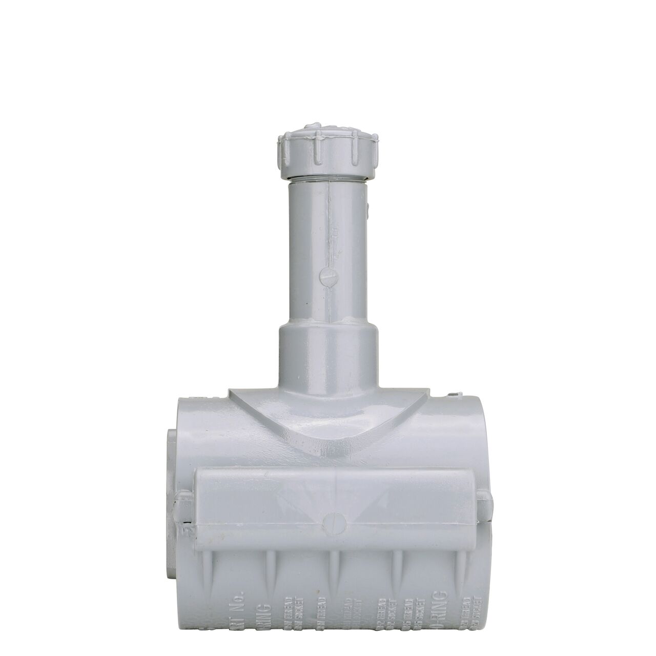 Side view showing hinged side of the 3 in. NDS Flo-Tap™ Rigid PVC Saddle with a 3/4 in. Socket or 1 in. spigot connection on top (NDS 3130)