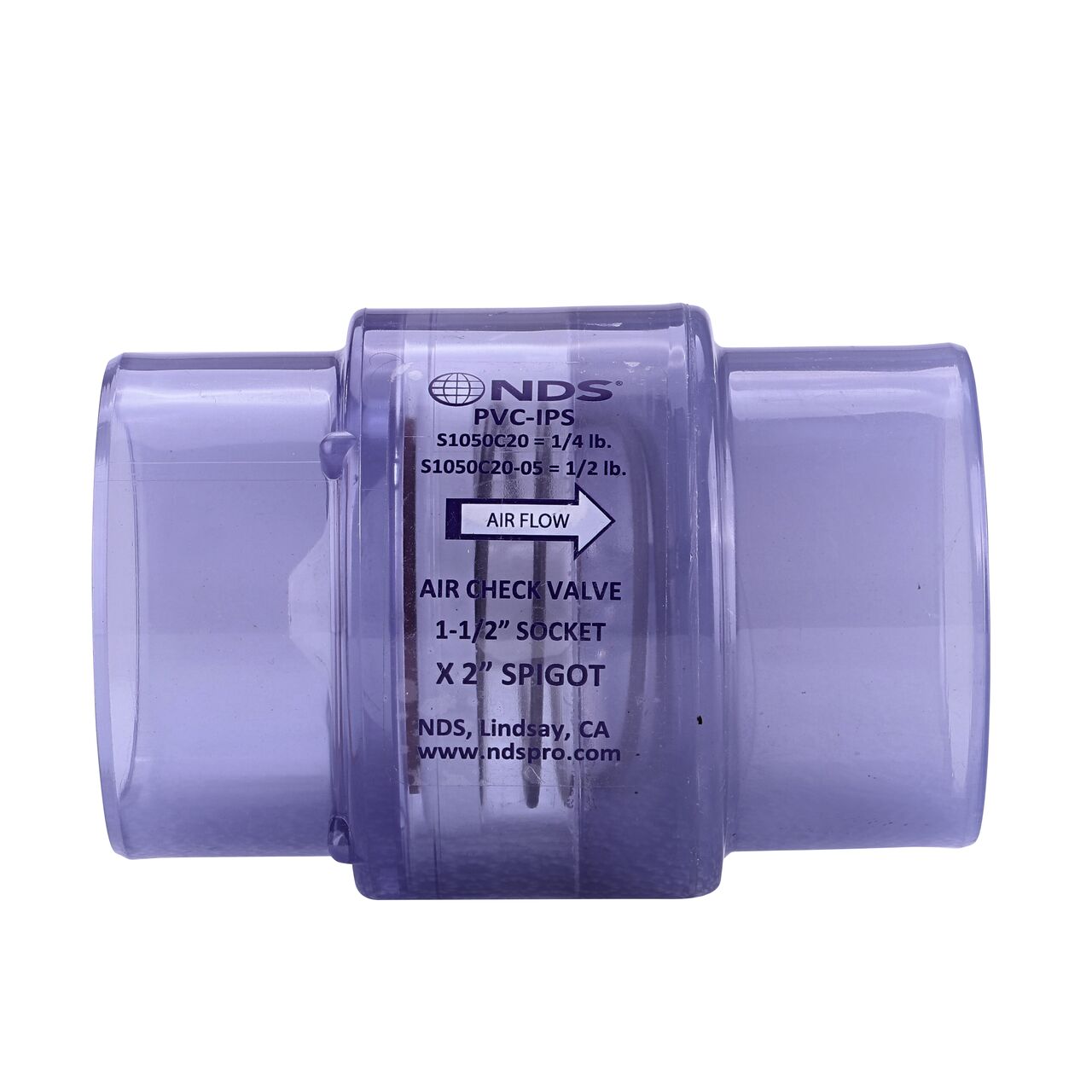 Side view of the NDS White 1-1/2 in. IPS S x 2 in. Spigot PVC Air Check Valve  (NDS S1050C20) showing the label and water flow direction