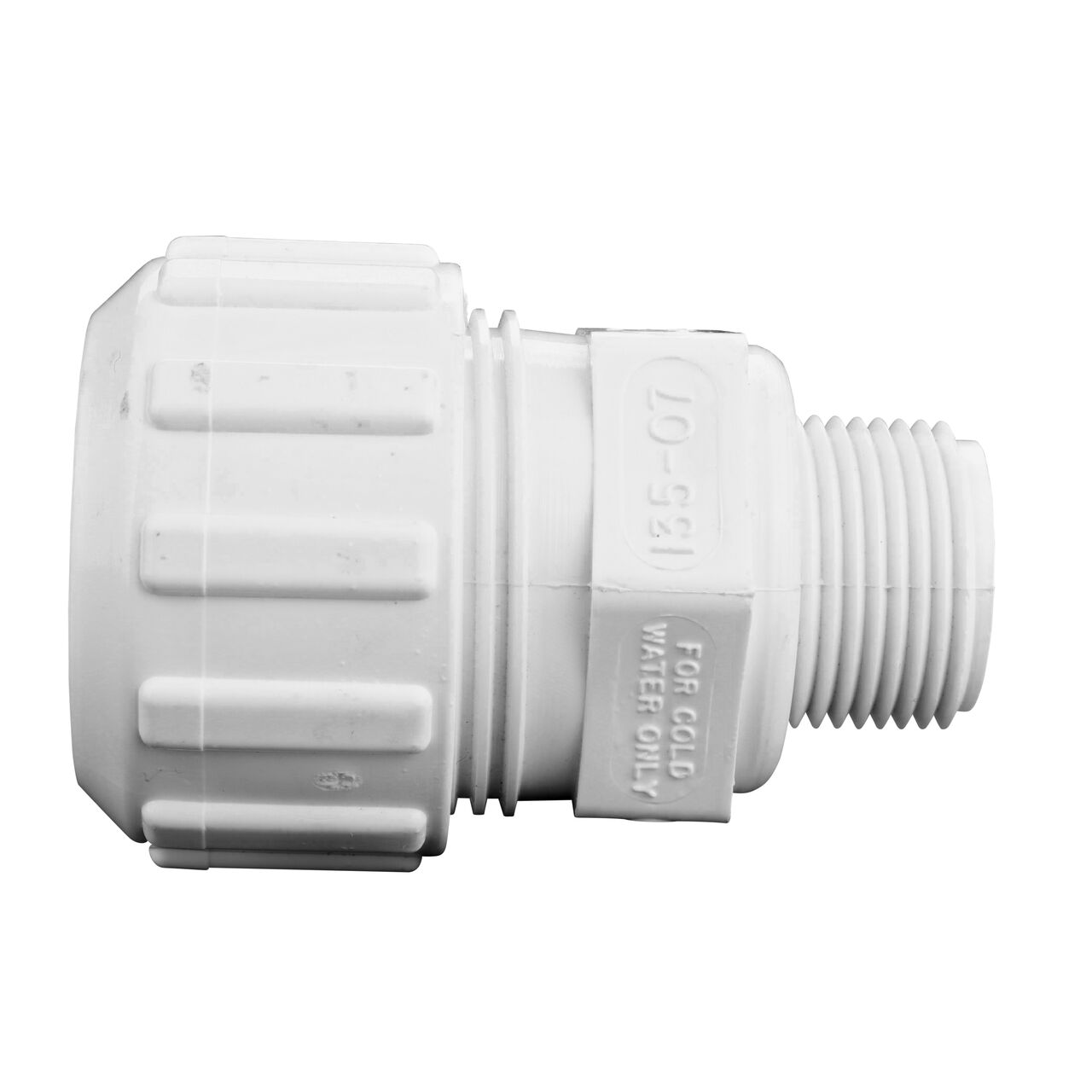 Side View of the NDS 3/4 in. Flo Lock Gripper Adapter (NDS 135-07) which transports water through pipes