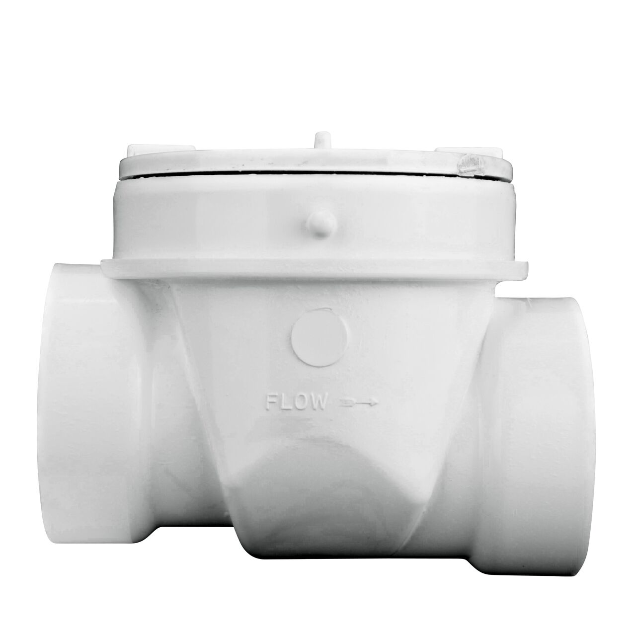 Side view of the NDS White 2 in. PVC Backwater Valve (NDS 275P) shows the water flow direction with arrow