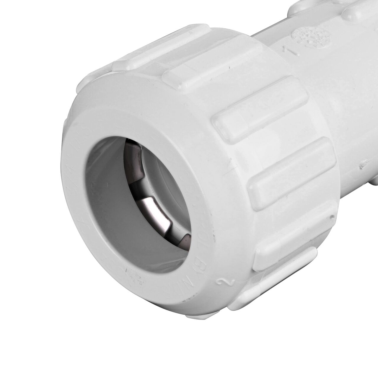 Closeup of the 3/4 inch compression inlet side of the NDS 3/4 in. Flo Lock PVC Gripper Coupling (NDS 112-07)