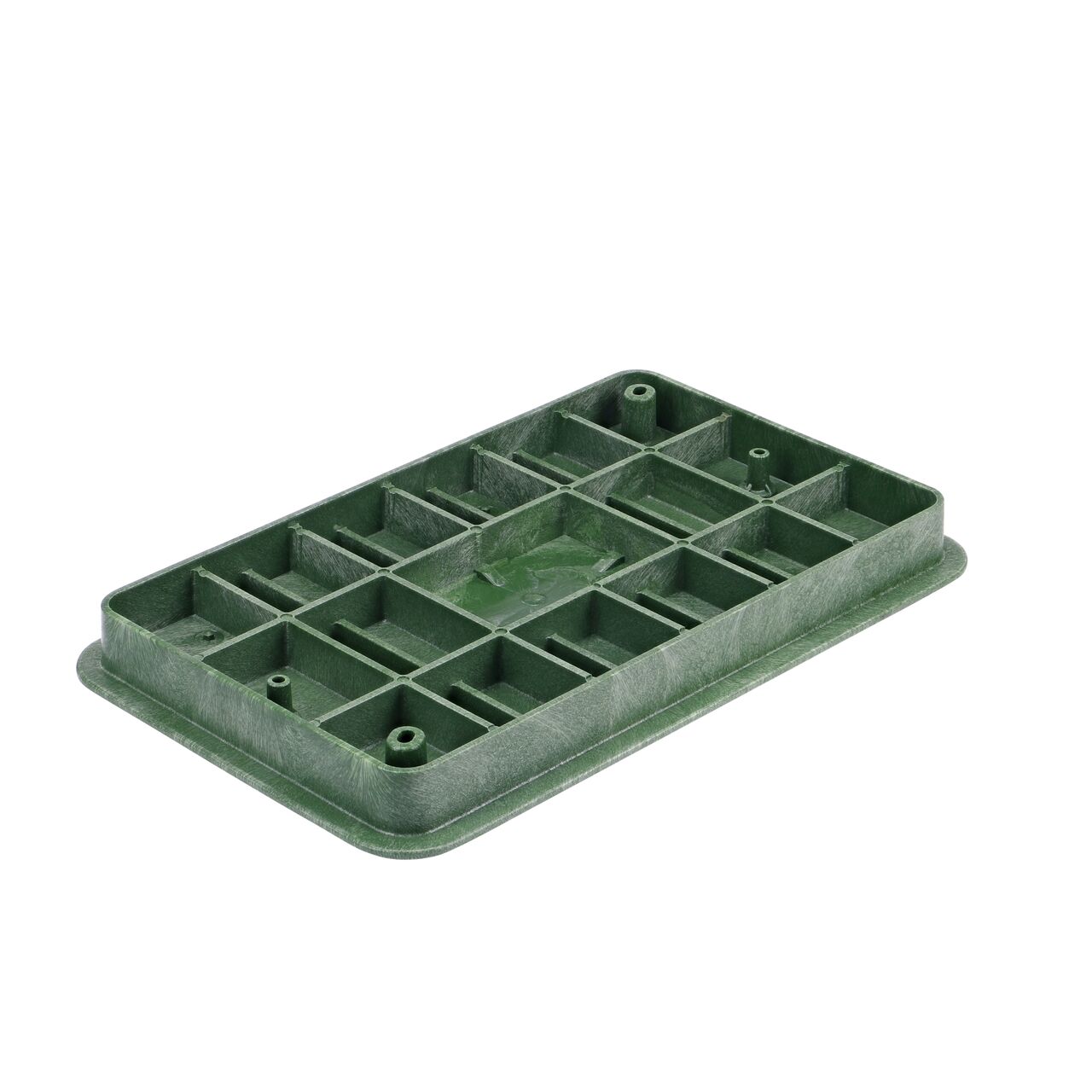 Bottom view of the reinforced ribs on the NDS 13 in. X 24 in. Green Irrigation Control Valve cover (NDS 322C) that fits the NDS 13 in. X 24 in. Pro-Spec® Series Valve Box