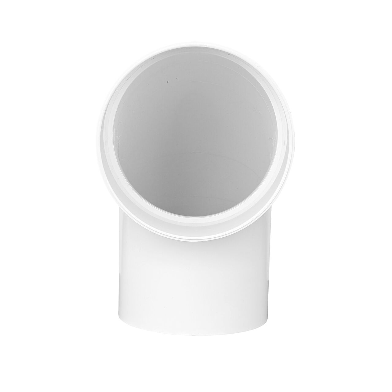 Side view with hub facing forward of the PVC 90° long-turn street elbow; connects 4 in. Hub to Spt (NDS 41P0ST, NDS 41P0ST*, NDS L41P0ST, NDS M41P0ST)