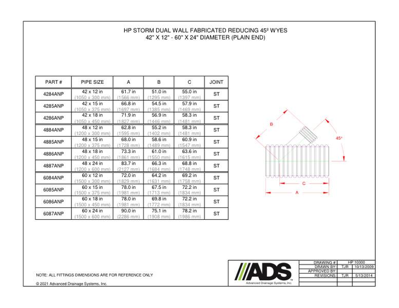 42" X 12" - 60" X 24" 45º Wyes - Plain End (HP Storm Wyes Fittings Manual)