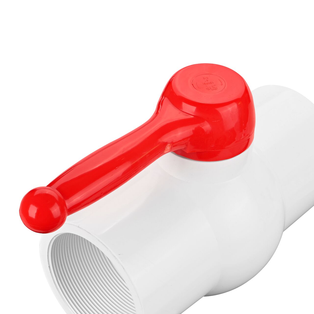 Closeup of the NDS IPS Ball Valve showing the handle that rotates two ways to control water flow (NDS E1320-40)