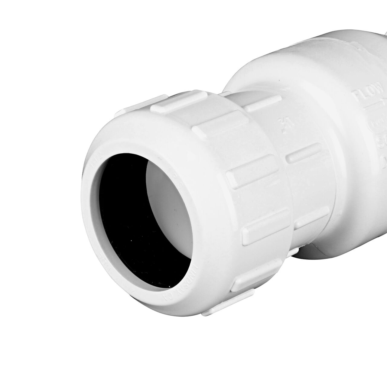 Closeup of the non-sloped inlet compression end of the NDS White 1-1/2 in. PVC Compression Swing Check Valve (NDS 1500-15)