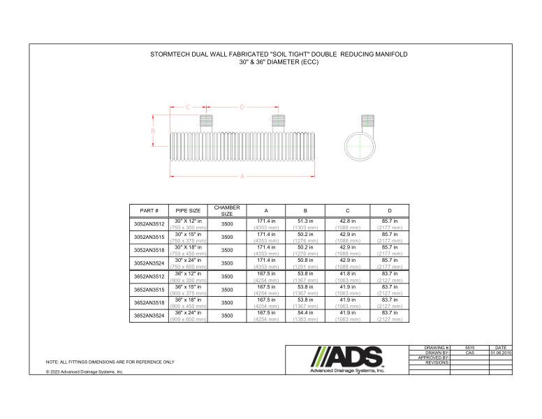 30" - 36" StormTech Dual Wall Fabricated Soil Tight Double Reducing Manifolds (StormTech Dual Wall HDPE Fittings)