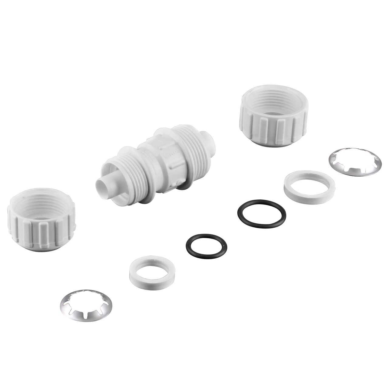 The NDS 1 in. SDR-9 CTS X 3/4 in. SDR-9 CTS Flo-Lock™ Gripper Reducer Coupling fully unassembled showing the steel gripper, EPDM O-Ring, and stiffner (NDS 710-17-9)