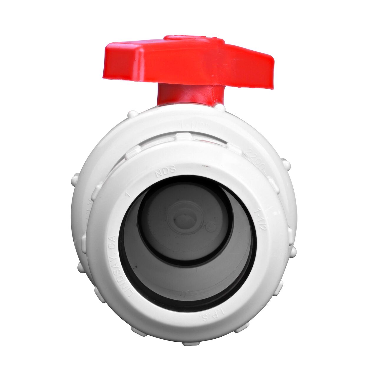 Closeup of the non-union outlet end of the NDS White 1-1/2 in, IPS UC X UC Checkmate PVC Swing Check and Ball Valve Combination (NDS 2200-15UC)