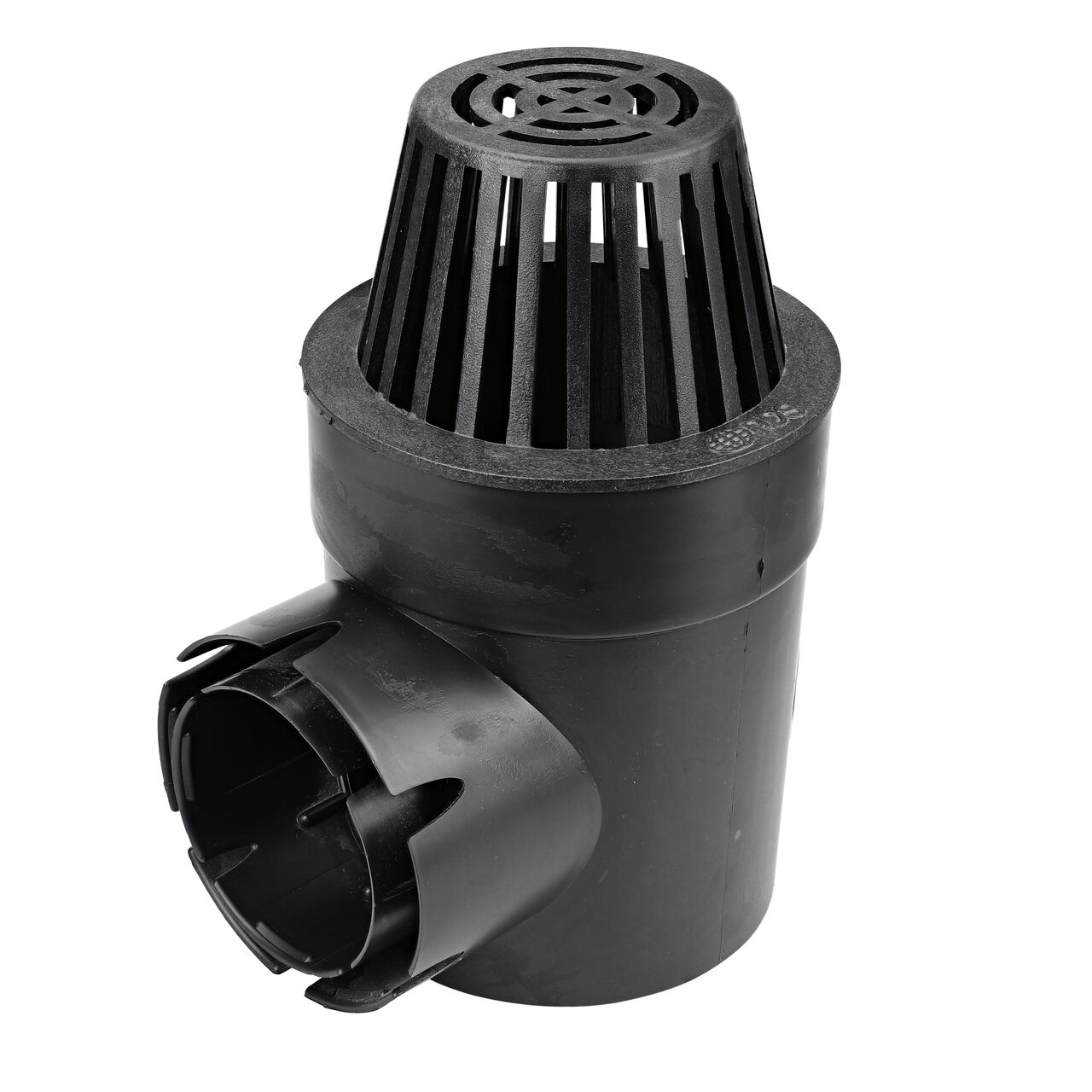 NDS Black Plastic 6 in. Atrum Grate (NDS 90) installed to a single outlet Spee-D Basin (NDS 101RTL)