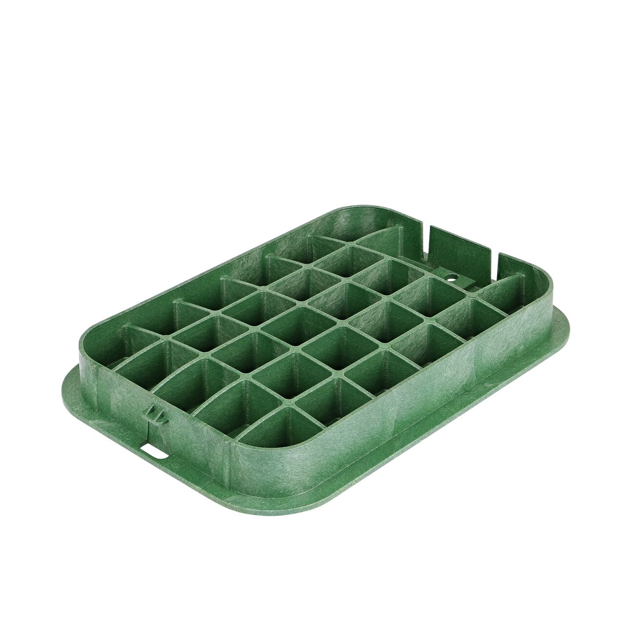 Bottom view of the reinforced ribs on the NDS 14 in. X 19 in. Green Reclaimed Water cover (NDS 313CRG) that fits the NDS 14 in. X 19 in. Pro-Spec® Series Valve Box